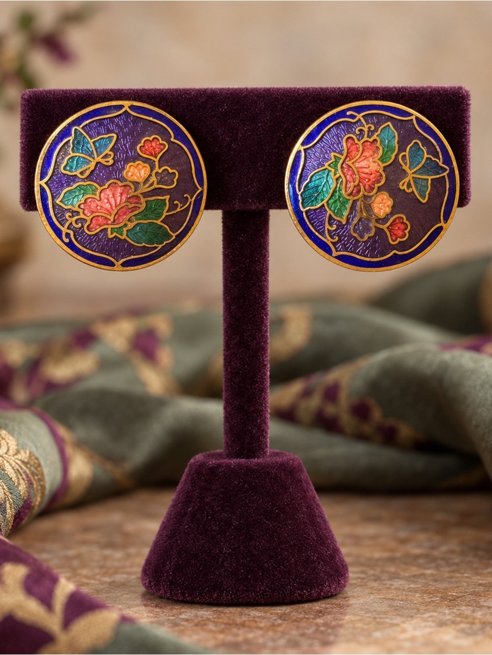 Vintage Purple Cloisonné Enamel Floral Butterfly Round Stud Earrings